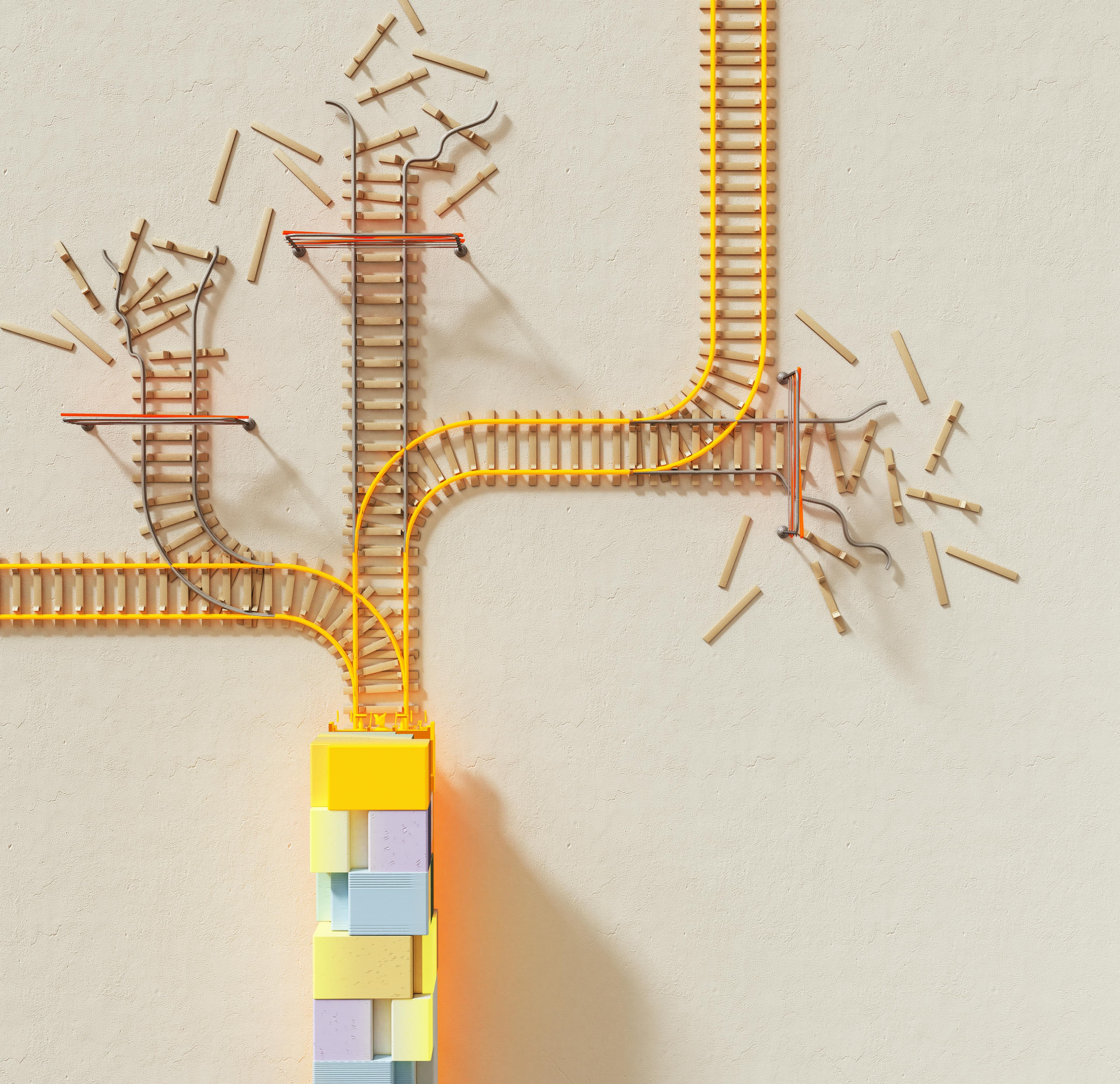 train at junction with three possible paths but one is not broken